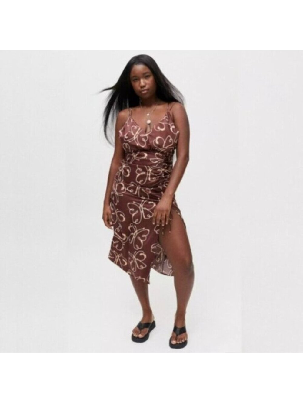 Urban Outfitters Brown & Cream Plunged Neckline Midi Dress - Picture 3 of 16